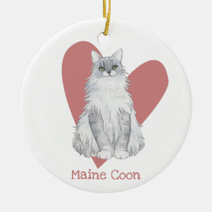 Décoration En Céramique Maine Coon Chat Aquarelle Kitty Coeur rose