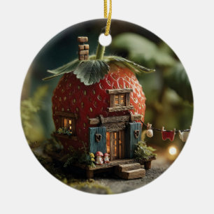 Décoration En Céramique Maison de fée en fraise avec ligne de lessive mini