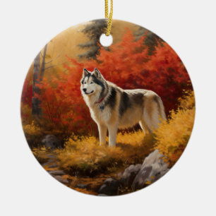 Décoration En Céramique Malamute en Alaska à l'automne Feuilles automne in