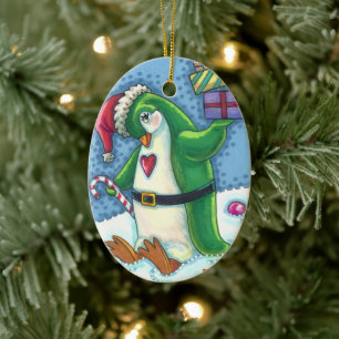 DÉCORATION EN CÉRAMIQUE MANCHOT DE NOËL MIGNON DÉGUISÉ EN VERT, FÊTE