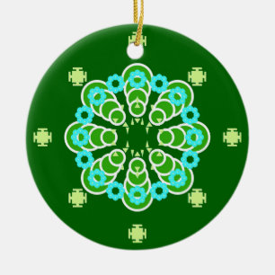 Décoration En Céramique Mandala, Dark Jade Green et Aqua en huit points