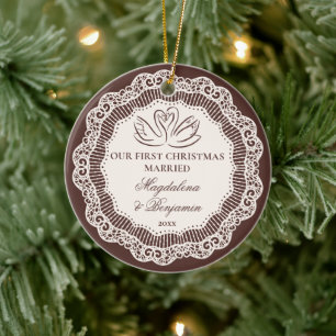 Décoration En Céramique Mariés pour le 1er Noël Cygne Brun Dentelle Vintag
