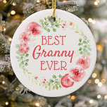 Décoration En Céramique Meilleure aquarelle Granny Ever Fleur Wreath<br><div class="desc">Célébrez la meilleure mamie jamais avec ce charmant ornement en céramique. Le motif de courroie florale aquarelle présente des fleurs délicates roses et violettes, créant ainsi un beau gardien pour son arbre. Parfait pour la Fête des Mères, Noël, ou juste parce que. Cet ornement de haute qualité est prêt à...</div>
