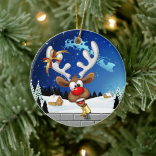Décoration En Céramique Mème de Noël drôle de renne qui regarde par-dessus