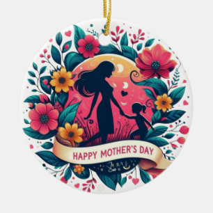 Décoration En Céramique Mère et fille silhouette florale fête des mères