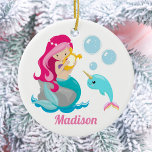 Décoration En Céramique Mermaid Girl Cute Beach Narwhal Monogram Kids<br><div class="desc">Customize this beautiful pink haired mermaid girls Christmas ornament by adding your kid's name. Cute mermaid design with pretty underwater ocean narwhal and under the sea bubbles. Cute gift for a beach or pool outing in the summer.</div>
