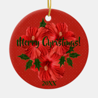 Décoration En Céramique Merry Christmas Hibiscus Holly Holiday Round