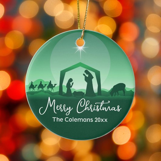 Décoration En Céramique Merry Christmas Nativity Scene Green Religious