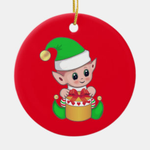 Décoration En Céramique Mignon elfe de Noël tendance sur fond rouge