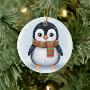 Décoration En Céramique Mignon Manchot en Écharpe Hiver Blanc Glacé