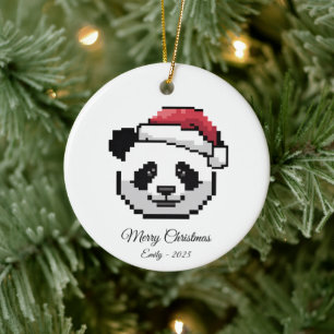 Décoration En Céramique Mignon panda en art pixel avec chapeau de Père Noë