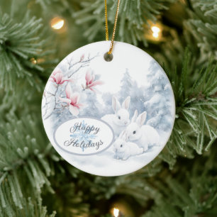 Décoration En Céramique Mignons lapins blancs en vacances d'hiver neige
