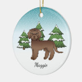 Décoration En Céramique Mini Goldendoodle Brown - Forêt d'hiver et nom (Gauche)