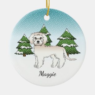 Décoration En Céramique Mini Goldendoodle crème - Forêt d'hiver & Nom
