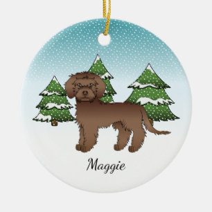 Décoration En Céramique Mini Goldendoodle marron - Forêt d'hiver & Nom