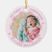 Décoration En Céramique Mon 1er Noël Pink Bow Baby Photo Keepsaké (Devant)