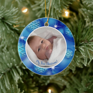 Décoration En Céramique Mon premier bébé photo de Noël bleu
