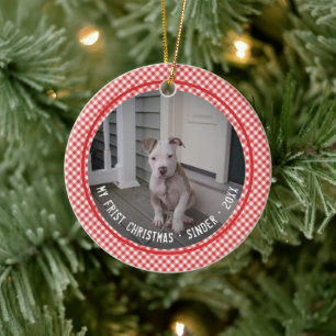 Décoration En Céramique Mon premier chiot de Noël en vichy rouge Cadeau