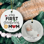Décoration En Céramique Mon premier Noël en tant que mère avec nom et phot<br><div class="desc">Montrez votre bonheur pour votre premier Noël en tant que mère avec ce joli premier ornement de Noël décoré d'un chapeau de Père Noël rouge, de feuilles saints et de lumières de Noël colorées. Facile à personnaliser avec le nom et la date de naissance du bébé et l'une de vos...</div>