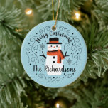 Décoration En Céramique Monogram Cute Trendy Snowman Christmas<br><div class="desc">A cute Christmas snowman with the words Merry Christmas decorates this ornament. Personalize it with your family name. A fun accent for the Christmas holiday season. Designed for you by Blackberry Boulevard.</div>