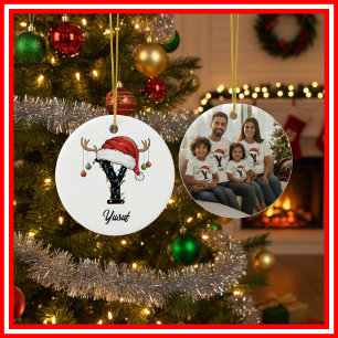 Décoration En Céramique Monogram Famille Noël Bois de Cerf Chapeau de Père