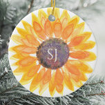 Décoration En Céramique Monogram Floral<br><div class="desc">This unique keepsake ornament is decorated with a yellow watercolor sunflower and stylish typography.
Easily customizable.
Original Watercolor © Michele Davies.</div>