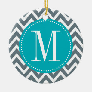 Décoration En Céramique Monogramme bleu et gris cyan de coutume de Chevron