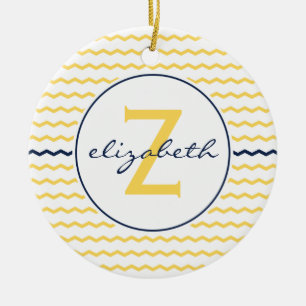 Décoration En Céramique Monogramme bleu et jaune de Chevron