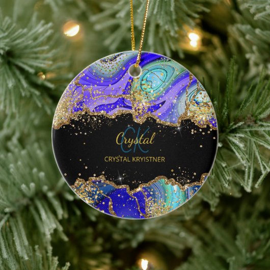 Décoration En Céramique Monogramme bleu or vert (Arbre)