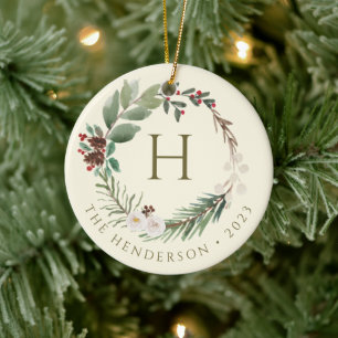 Décoration En Céramique Monogramme de couronne de Noël à l'aquarelle éléga