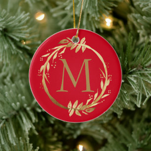Décoration En Céramique Monogramme de Noël rouge or et photo de famille
