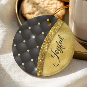 Décoration En Céramique Monogramme élégant faux diamant noir paillettes or