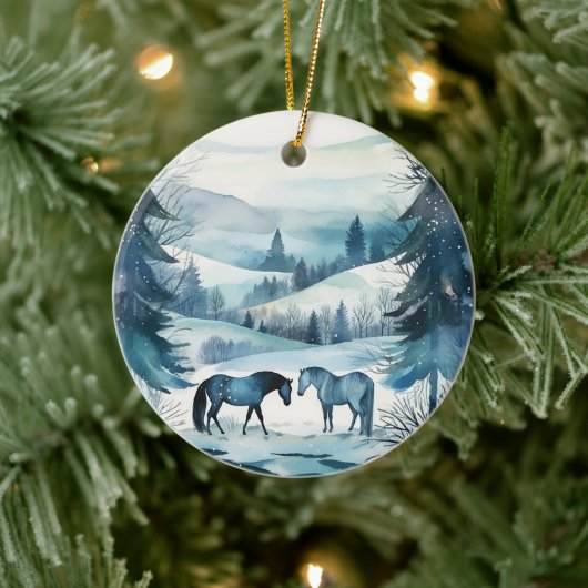 Décoration En Céramique Monogramme équestre des chevaux de forêt d'hiver (Arbre)