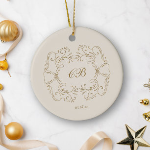 Décoration En Céramique Monogramme Or Flourish Couronne Date de Mariage Él