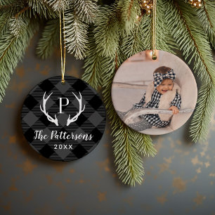 Décoration En Céramique Monogramme rustique d'Antler gris et noir