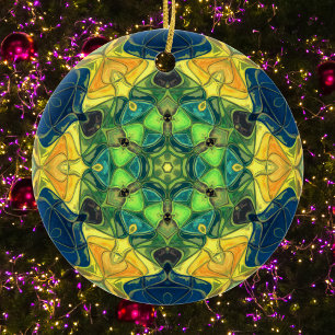 Décoration En Céramique Mosaic Mandala Flower vert jaune et bleu
