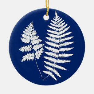 Décoration En Céramique Motif de fougères de bois, bleu de cobalt et blanc