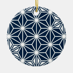 Décoration En Céramique Motif japonais Asanoha - bleu indigo et blanc