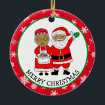 Décoration En Céramique Mr and Mrs Claus, African-American Santa Christmas<br><div class="desc">Mr and Mrs Claus,  African-American Santa Christmas Ceramic Ornament with red and white snowflakes background.</div>