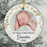 Décoration En Céramique My First Christmas As Grandma Photo Gold Foliage<br><div class="desc">This elegant Grandma Christmas Ornament is decorated with gold foliage on a white background.
Easily customizable with baby's photo and year.
Original Watercolor © Michele Davies.</div>