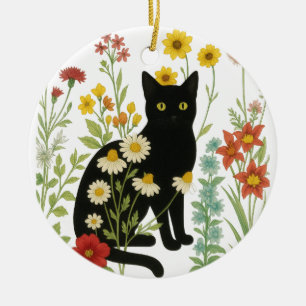 Décoration En Céramique Nature botanique – Chat noir dans un jardin de fle