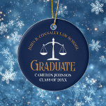 Décoration En Céramique Navy Blue Gold Law School Graduation 2 Sided<br><div class="desc">This chic navy blue and gold custom law school graduation Christmas ornament features classy typography for a class of 2025 graduate and their professional photo. Customize with your graduating year under the white scales of justice for a great personalized lawyer or attorney photograph gift.</div>