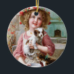 Décoration En Céramique New Friends - Emile Vernon<br><div class="desc">New Friends (film) Lovely painting of a young girl with blonde curls and a hat,  decorated with fresh cherries,  sitting at the doorstep with a cute little puppy,  feeding a kitten milk from a bowl. Oil on canvas by French artist Emile Vernon.</div>