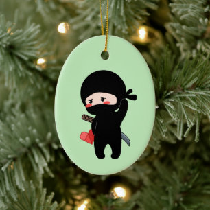 Décoration En Céramique Ninja timide rougissant tenant un cœur en origami