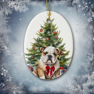 Décoration En Céramique Noël adorable bouledogue rouge ruban