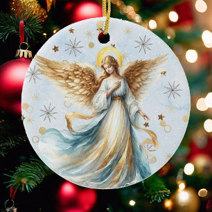 Décoration En Céramique Noël Angel or bleu aquarelle