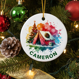 Décoration En Céramique Noël Aquarelle Camping Nom Personnalisé