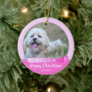 Décoration En Céramique Noël avec chien ou photo de l'animal et ruban rose
