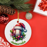 Décoration En Céramique Noël Baseball Nom personnalisé avec Santa Hat<br><div class="desc">Frappez un home-run avec votre décor de vacances avec cet ornement de baseball festif! Doté d'un baseball classique portant un chapeau de Père Noël et entouré de feuilles saints et de baies rouges, cet ornement est parfait pour tous les fans de baseball qui veulent apporter leur amour du jeu à...</div>