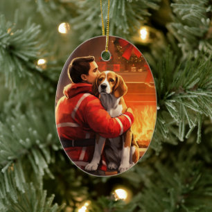 Décoration En Céramique Noël Beagle, Cadeau pour amateur de chiens pompier
